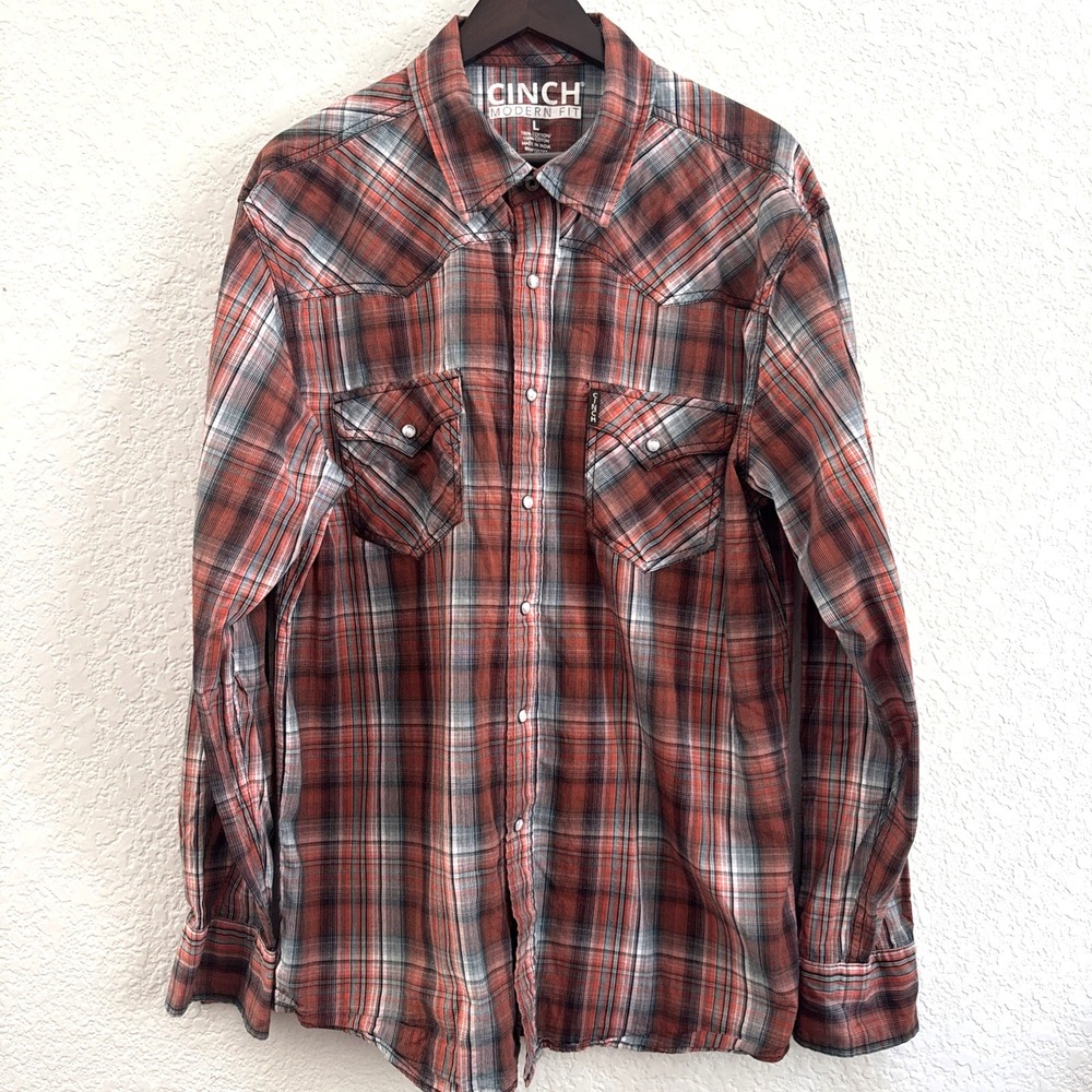 Cinch Modern Fit Plaid Long Sleeve Pearl Snap Western Cowboy Red Men's Size L